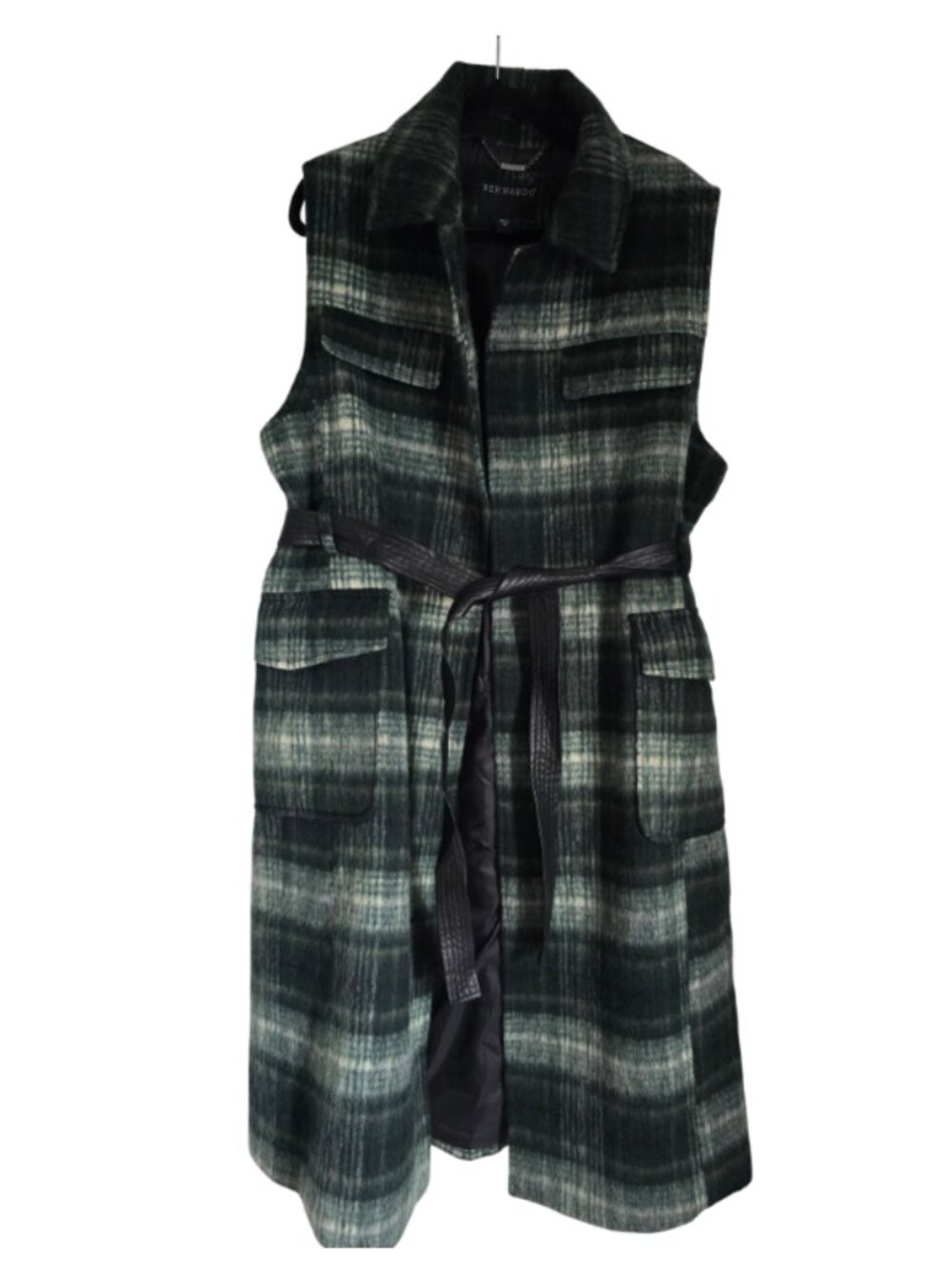Bernardo Dark Green Plaid Sleeveless Belted Vest NWOT